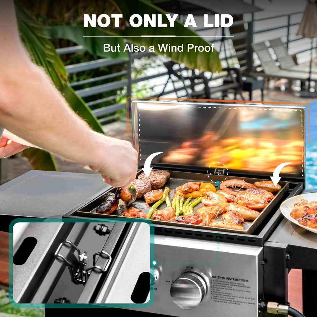 2-Burner Propane Grill and Griddle Cooking Station with Side Shelves Black K798
