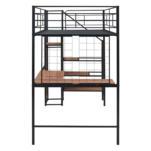 Twin Size Black Metal Loft Bed with Wardrobe and L-Shape Desk B6697