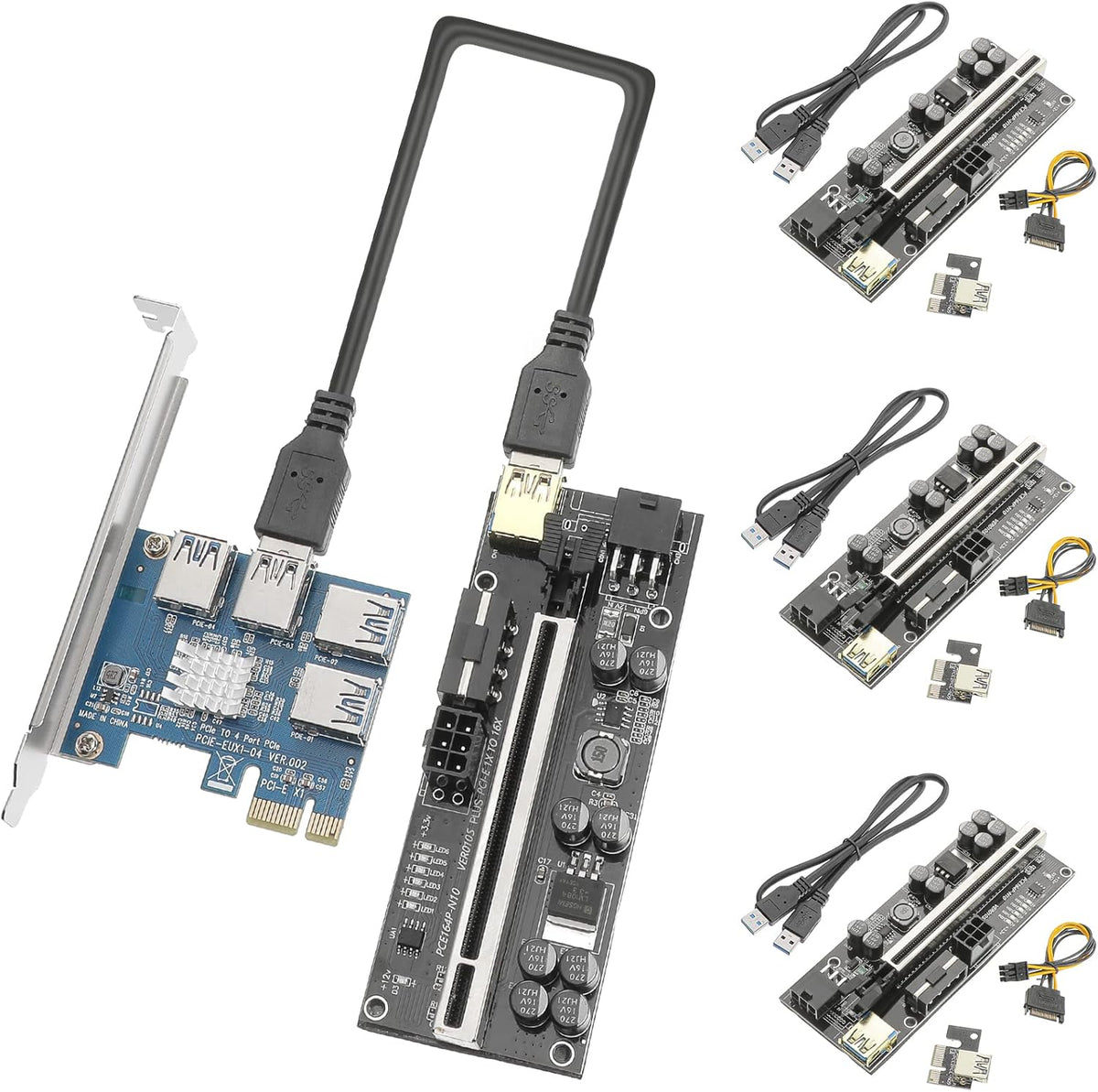 PCIE 1 to 4 Adapter Riser Card with 24 Inches USB 3.0 Cable, 5 Pack A224