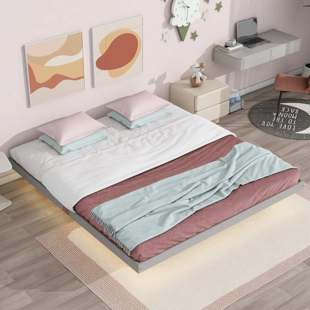 White Full Size Floating Bed Frame with LED Lights L9355
