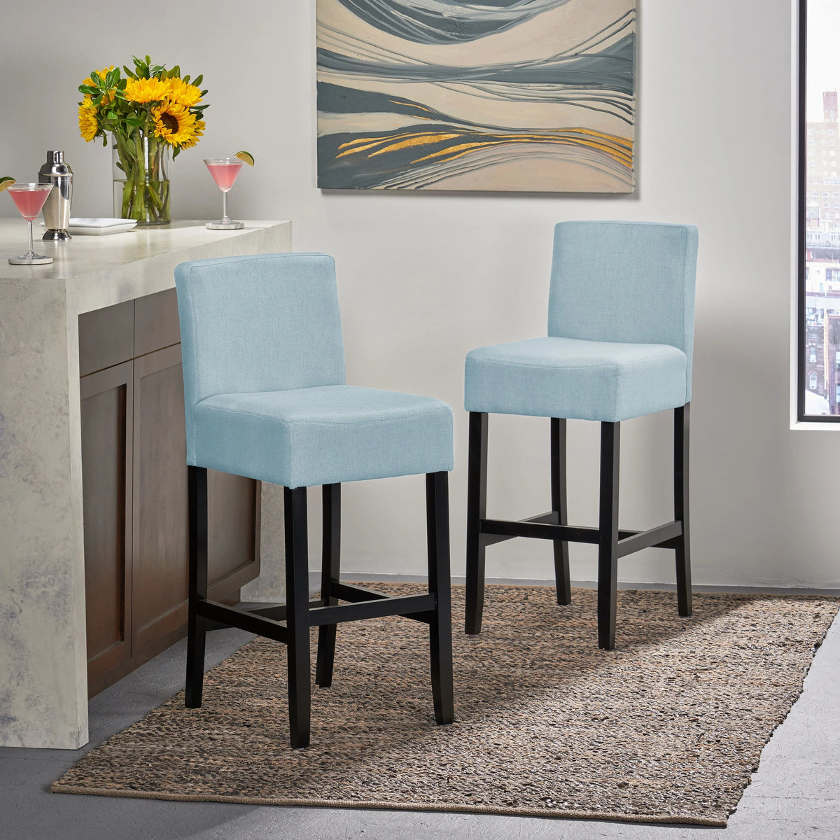 Light Blue Fabric Barstool Set of 2 D3227
