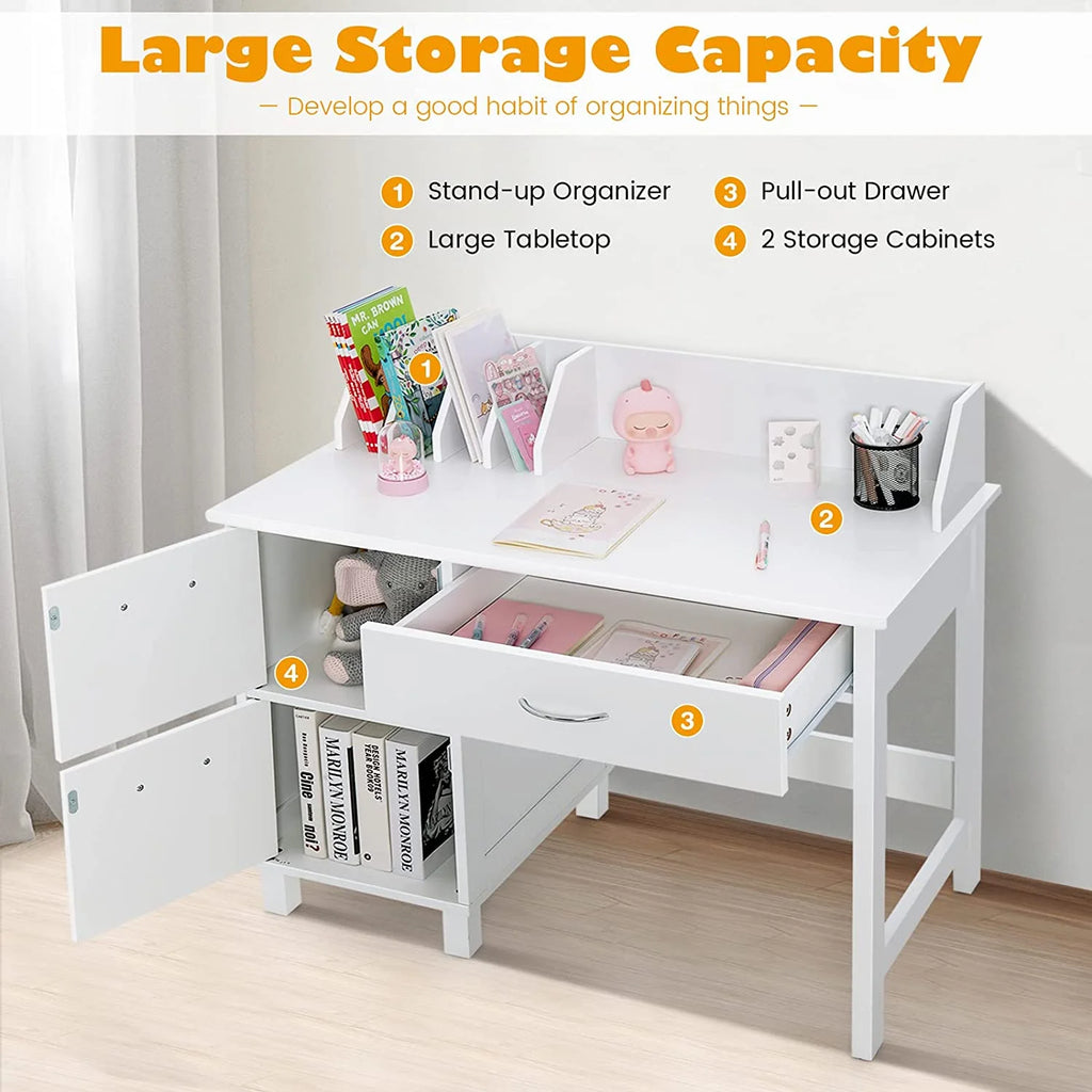 Kids Wooden Desk and Chair Set with Drawer & Storage Cabinets R35075