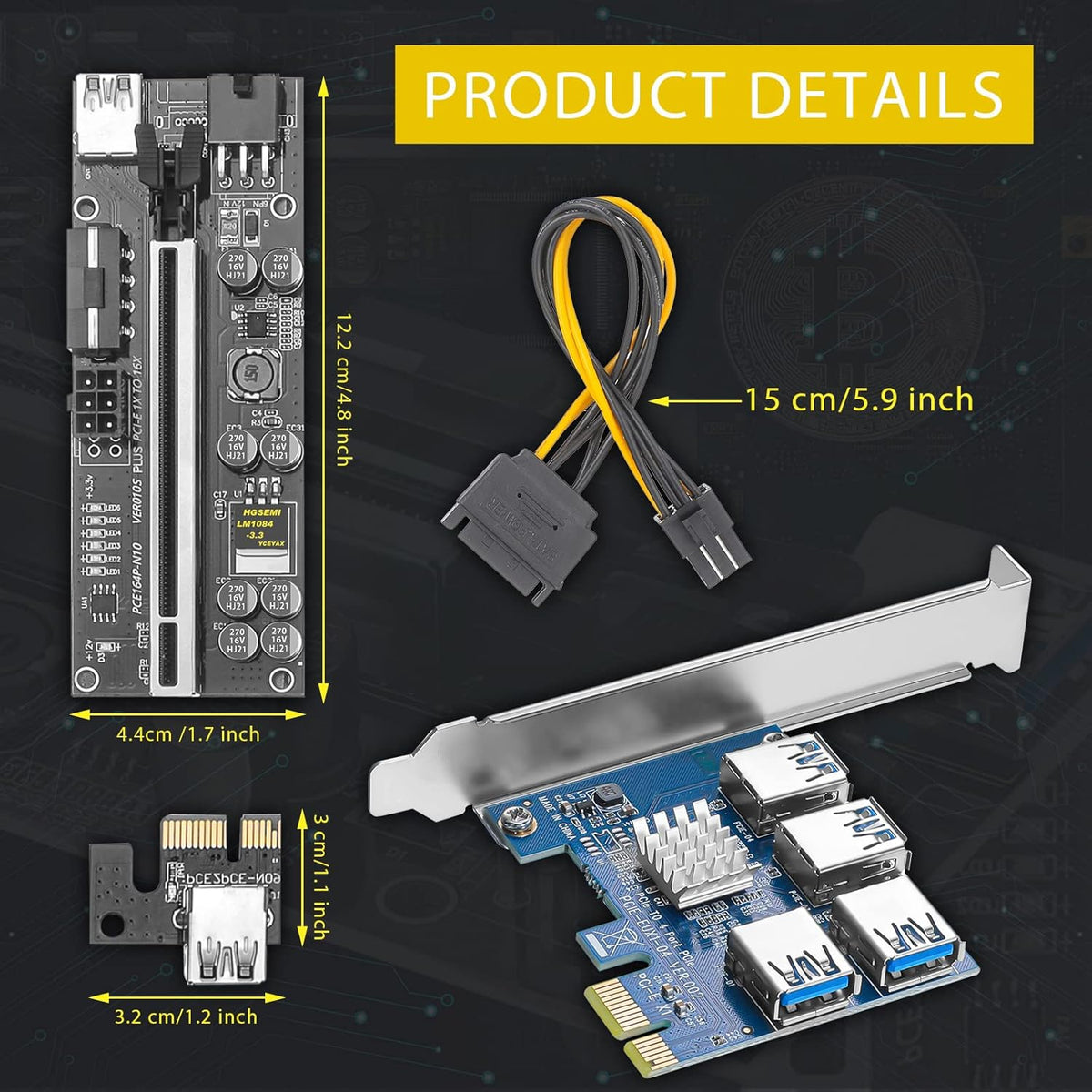 PCIE 1 to 4 Adapter Riser Card with 24 Inches USB 3.0 Cable, 5 Pack A224