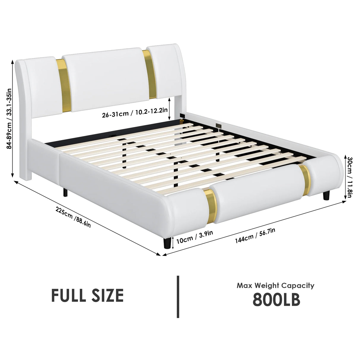 Full Size Leather Upholstered Platform Bed Frame with White Headboard L4695