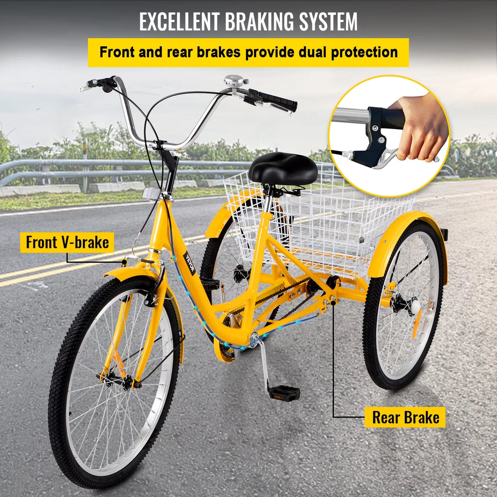 24 inch 1-Speed Yellow Adult Tricycle with Cargo Basket X5315