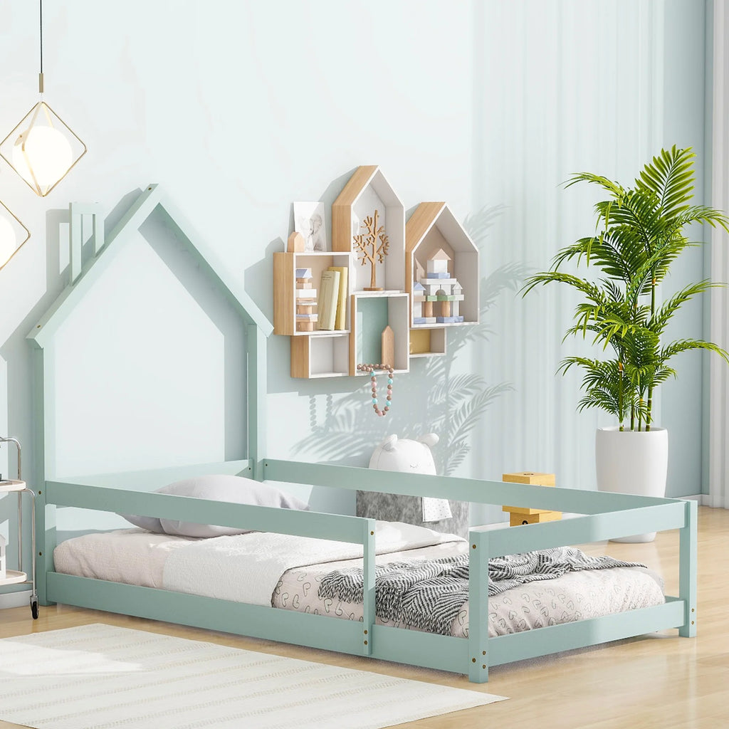 White Wood House Shape Headboard Twin Size Bed Frame P786160