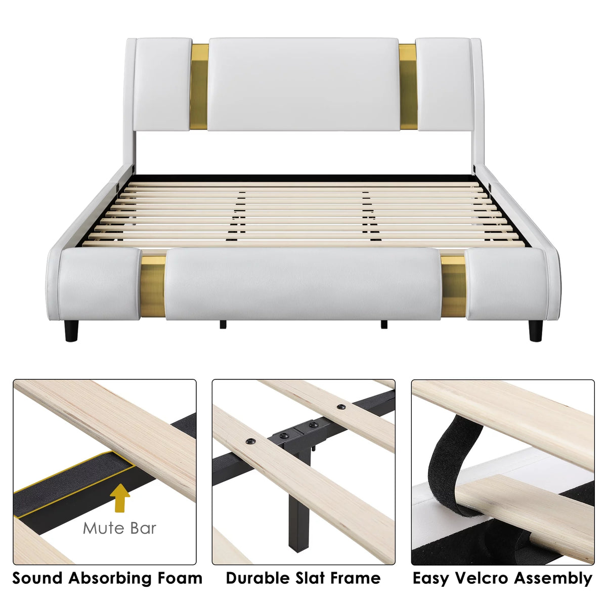 Full Size Leather Upholstered Platform Bed Frame with White Headboard L4695