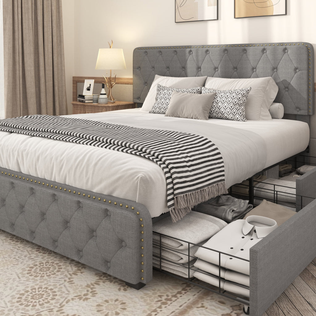 Queen Size Platform Bed Frame with 4 Storage Drawers P8161