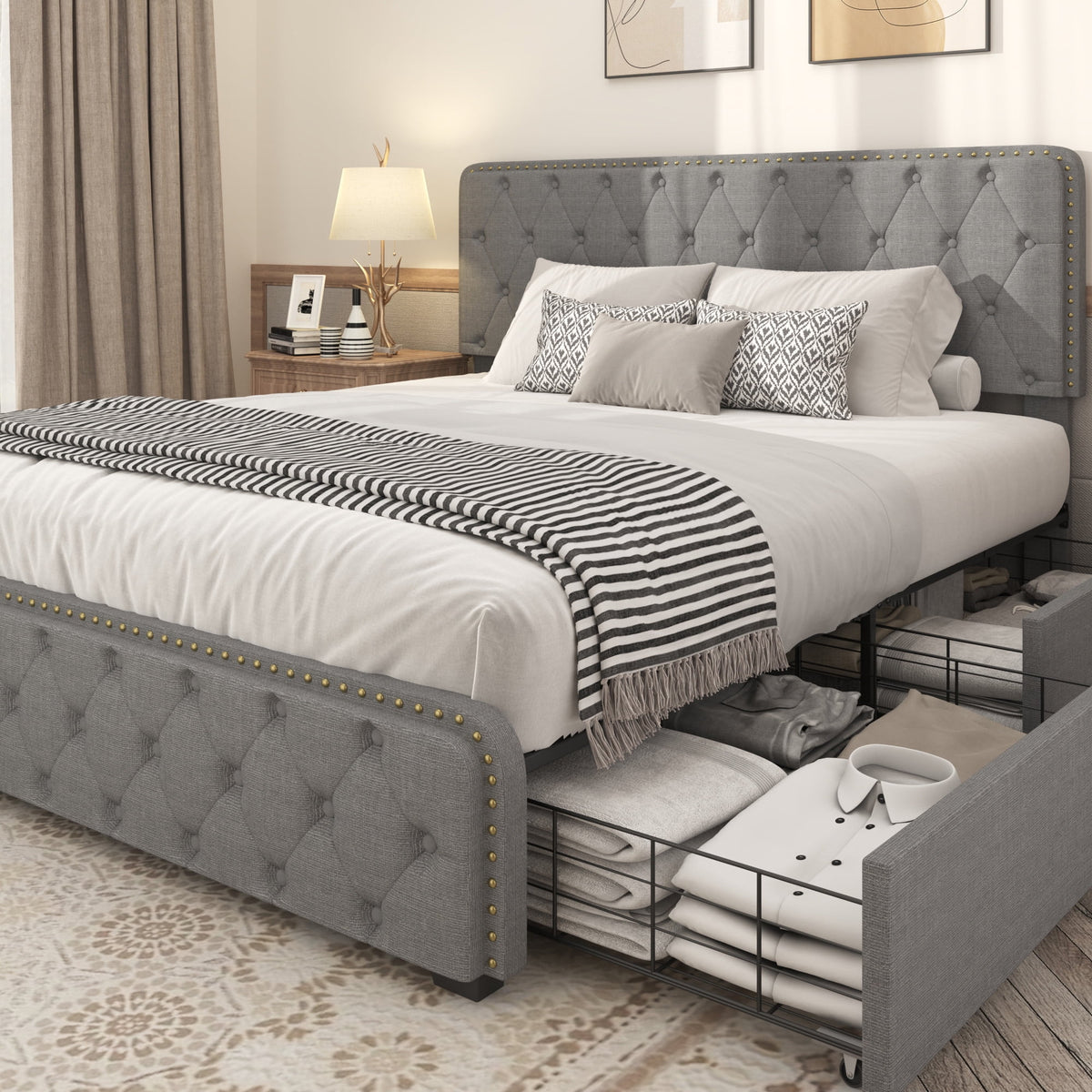 Queen Size Platform Bed Frame with 4 Storage Drawers P8161