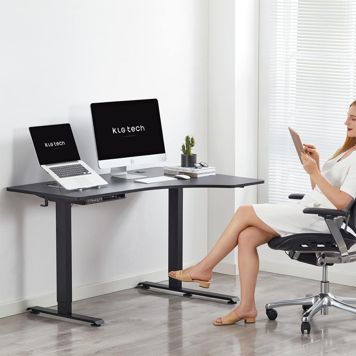 Electric Sit Stand Corner Desk 55x34.5inch L Shape Dual Motorized Height Adjustable Y561