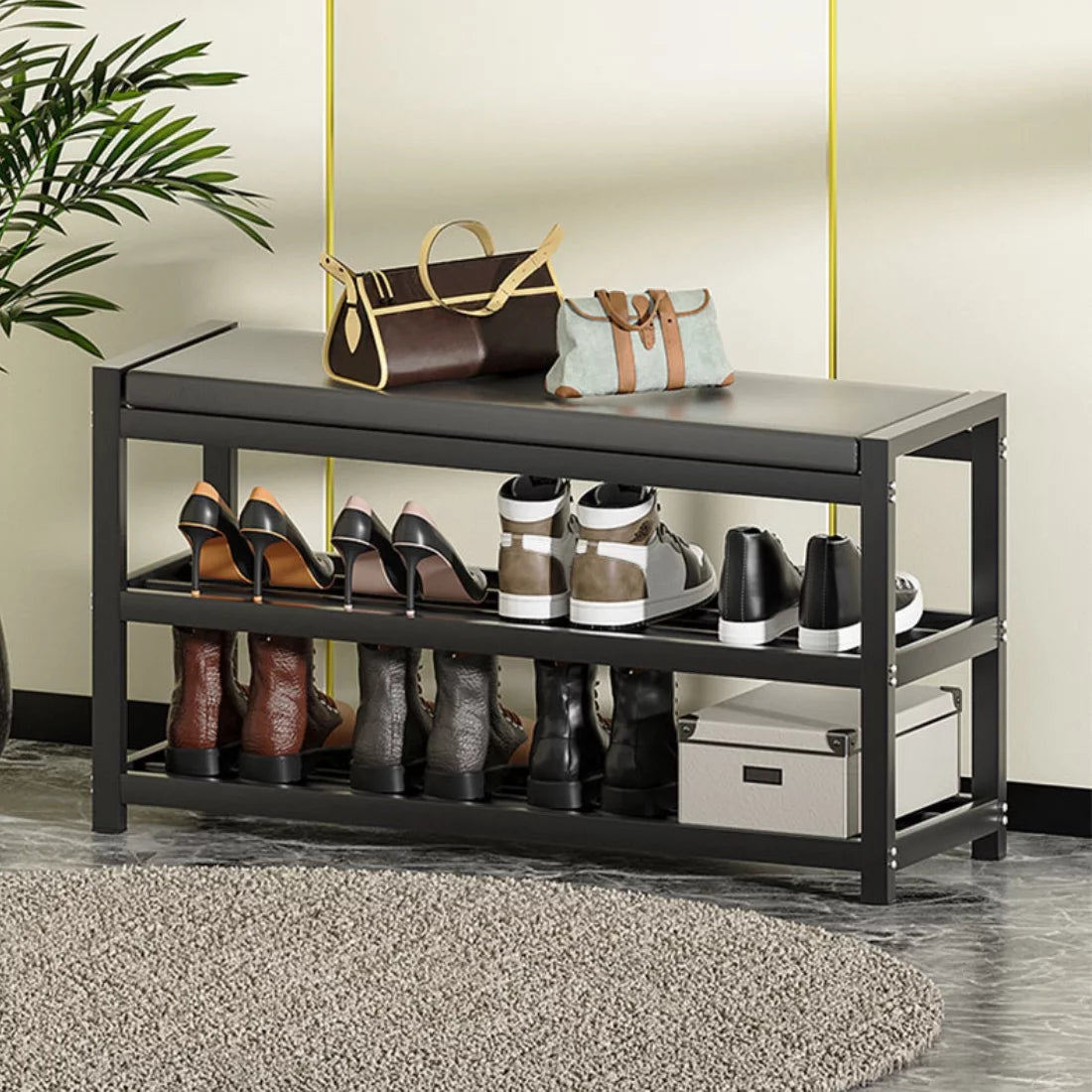 2-Tier Gray Shoe Rack Bench with Vegan Leather Seat B462