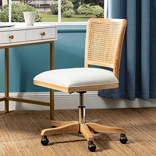 Upholstered Armless Swivel Desk Chair with Rattan Mid-Back L941
