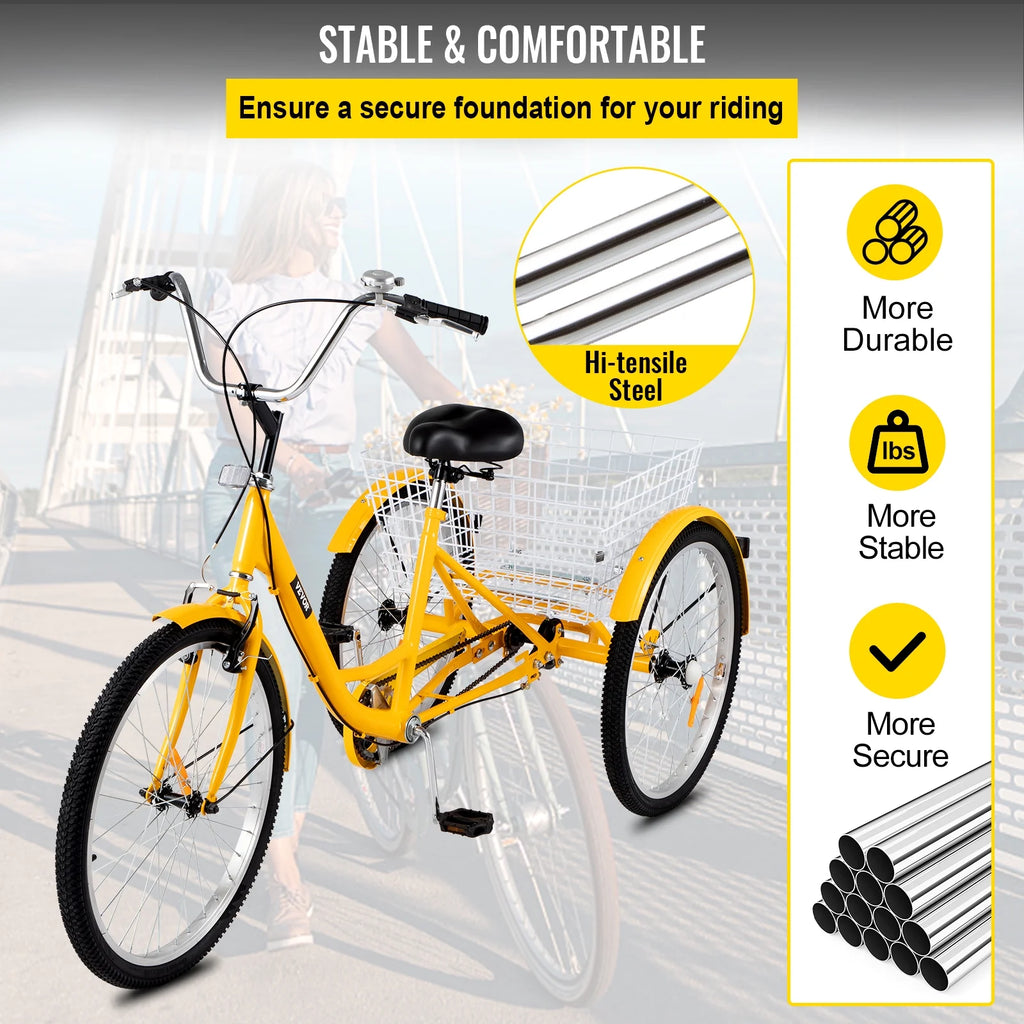 24 inch 1-Speed Yellow Adult Tricycle with Cargo Basket X5315