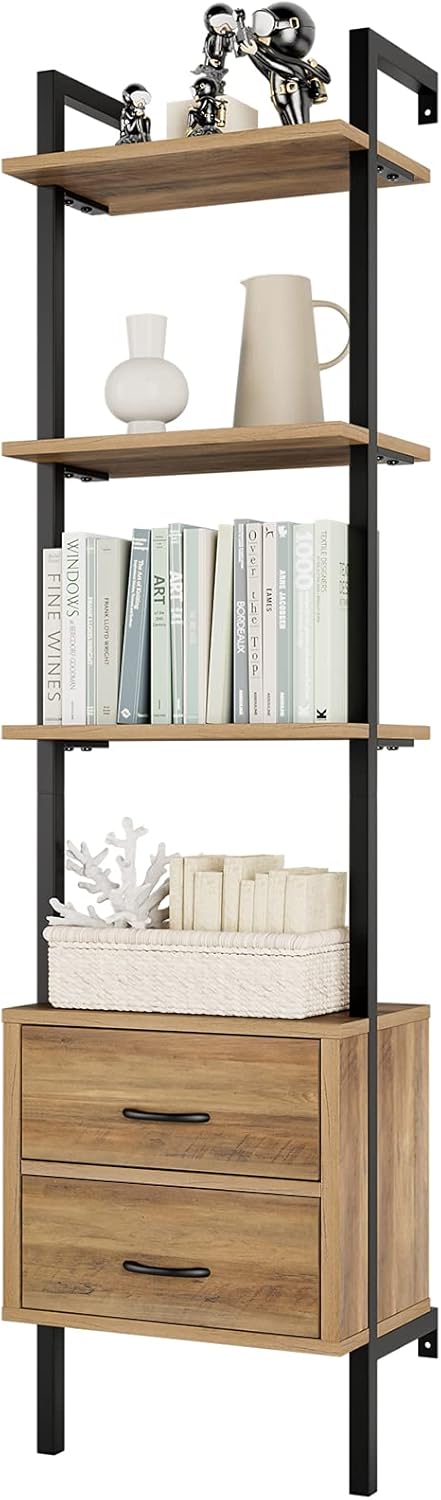 Tall Bookshelf with 2 Fabric Drawers and 4 Tier Open Shelves N892