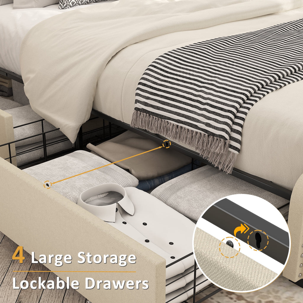 Queen Size Platform Bed Frame with 4 Storage Drawers P8161