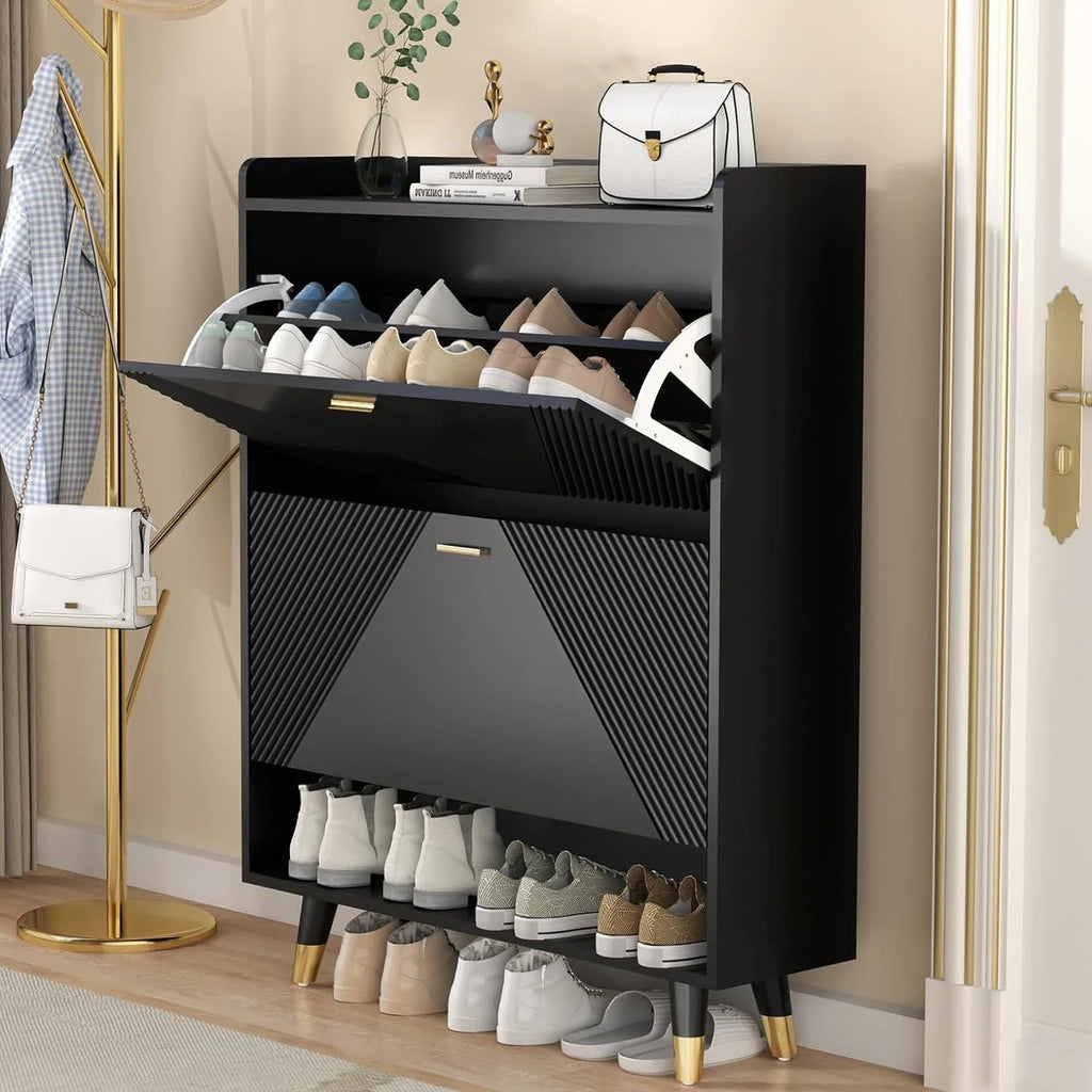 Black Slim 2 Flip Drawer Wood Shoe Cabinet C612297
