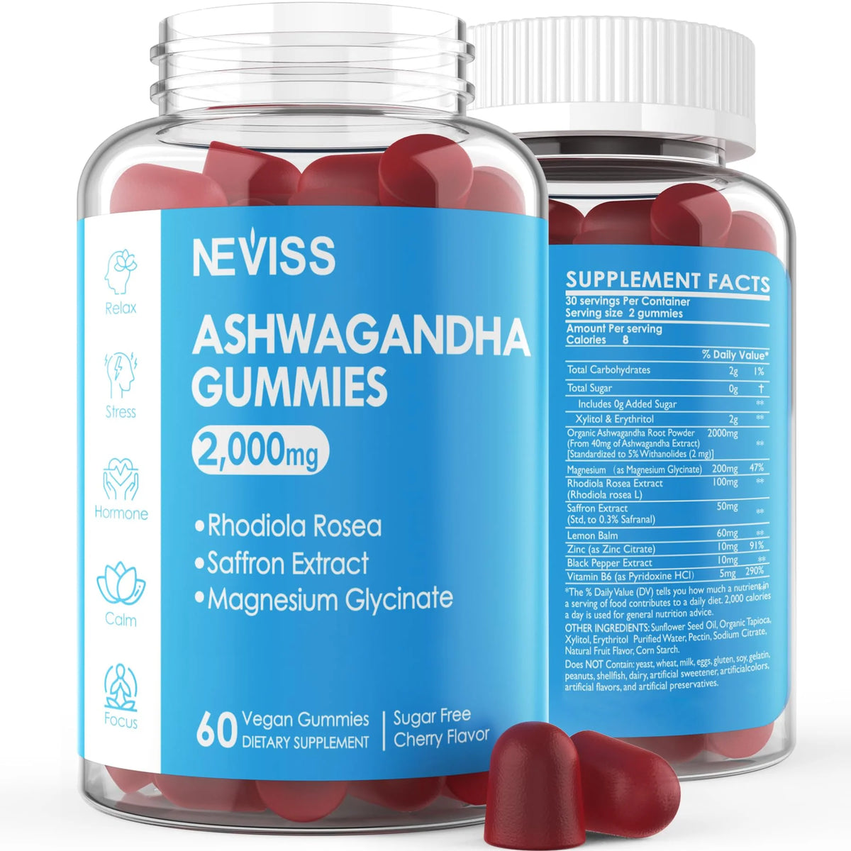 Sugar Free Ashwagandha Gummies 2000mg with Magnesium Glycinate, Rhodiola Rosea, Saffron, Zinc, Lemon Balm, B6 - 60 Counts F35597