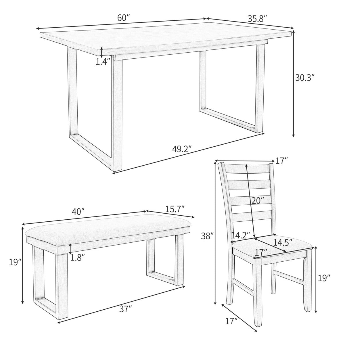 Solid Wood Dining Room Set with Table Chairs and Bench A6081