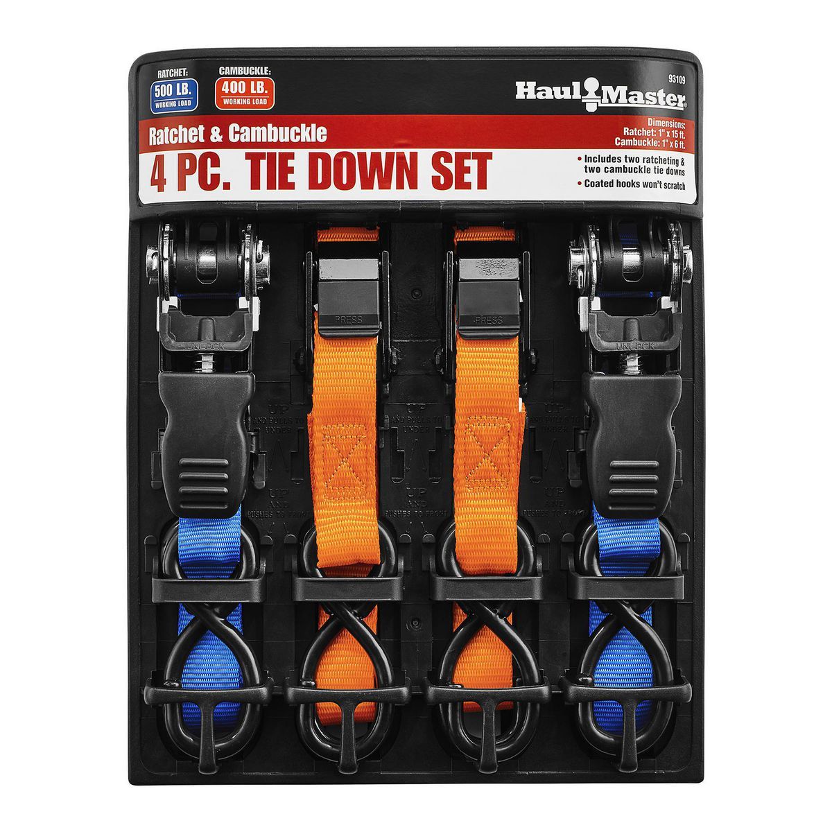 400/500 lb. Capacity Cam Buckle And Ratcheting Tie Down Assortment, 4-Pack Q147632