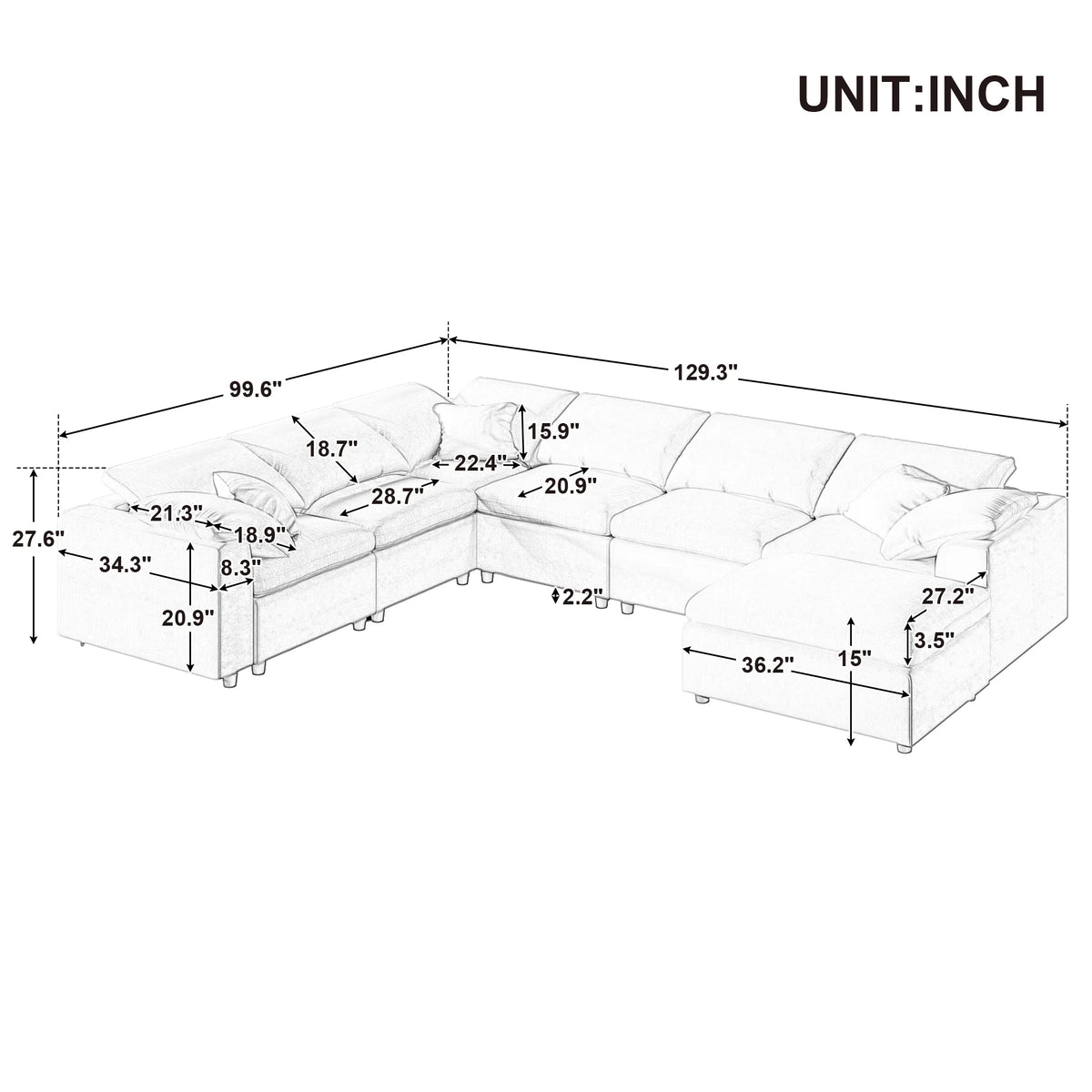 7-Seater Oversized Modular Chenille Sectional Sofa with Ottoman U869427