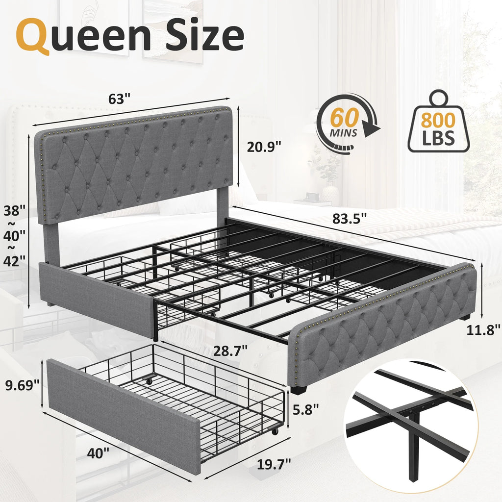 Queen Size Platform Bed Frame with 4 Storage Drawers P8161