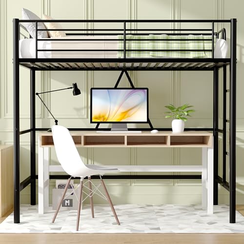 Twin Size Off White Metal Loft Bed with Ladder and Guardrail O5514