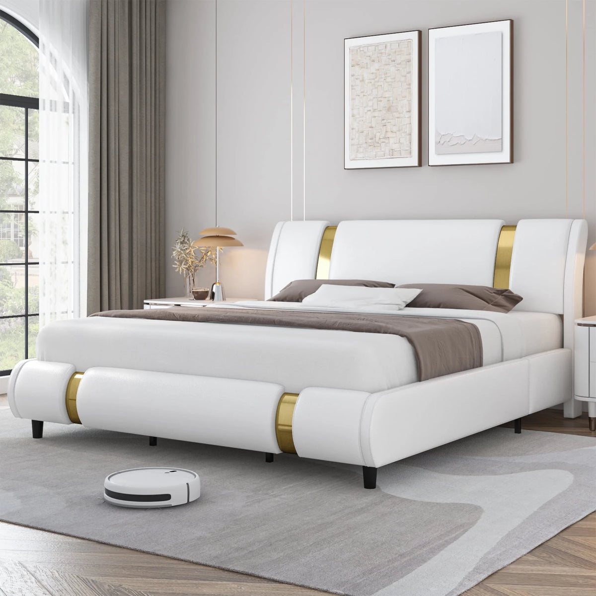 Full Size Leather Upholstered Platform Bed Frame with White Headboard L4695