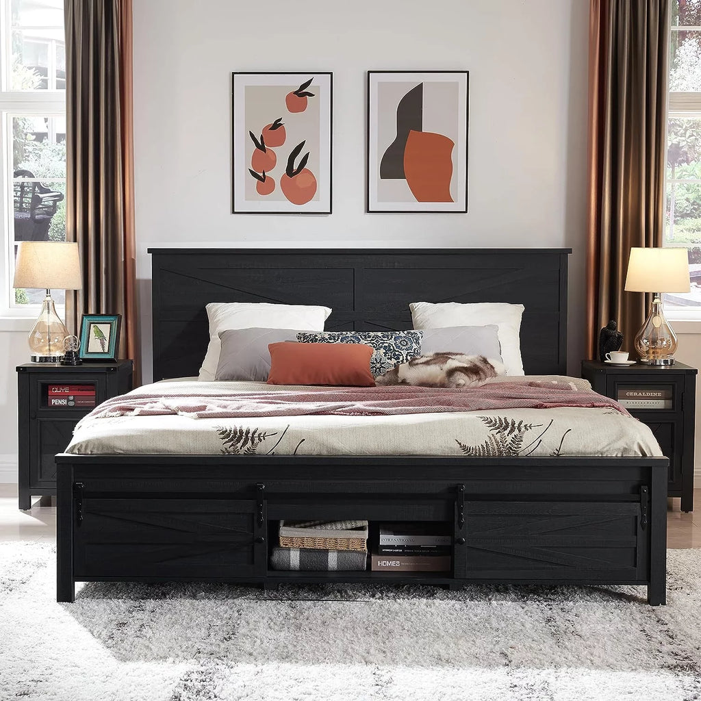 White King Size Platform Bed Frame with Headboard and Storage W8997