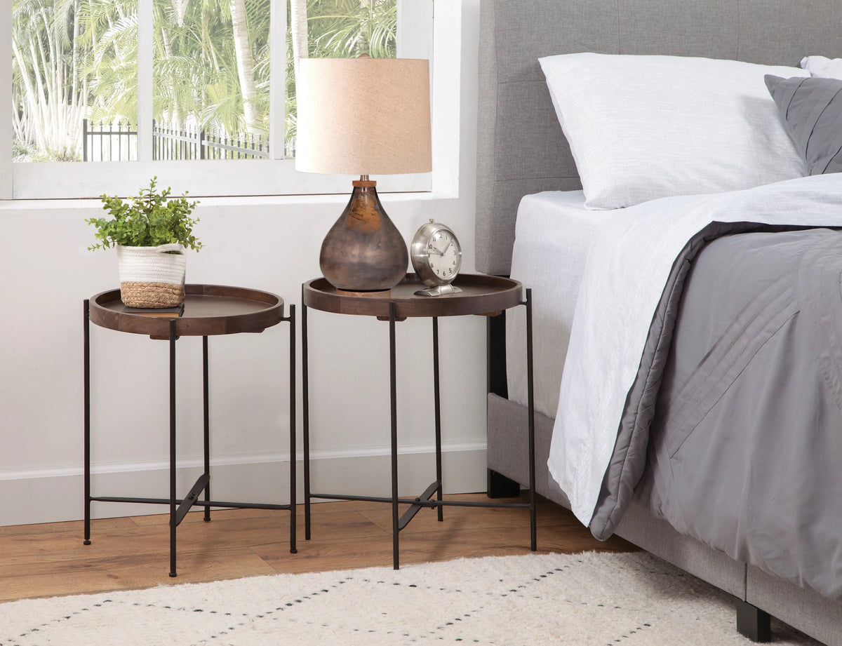 Set of 2 Round Wood Side Tables with Metal Legs V7249