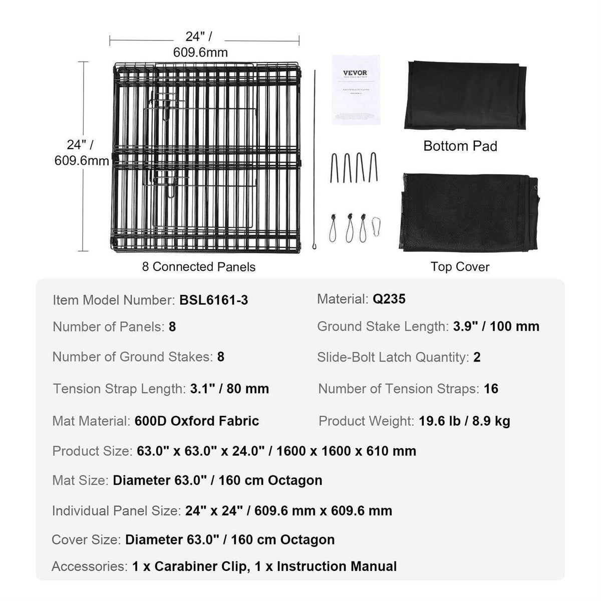 Foldable Metal Dog Playpen with Top Cover and Bottom Pad Q705926