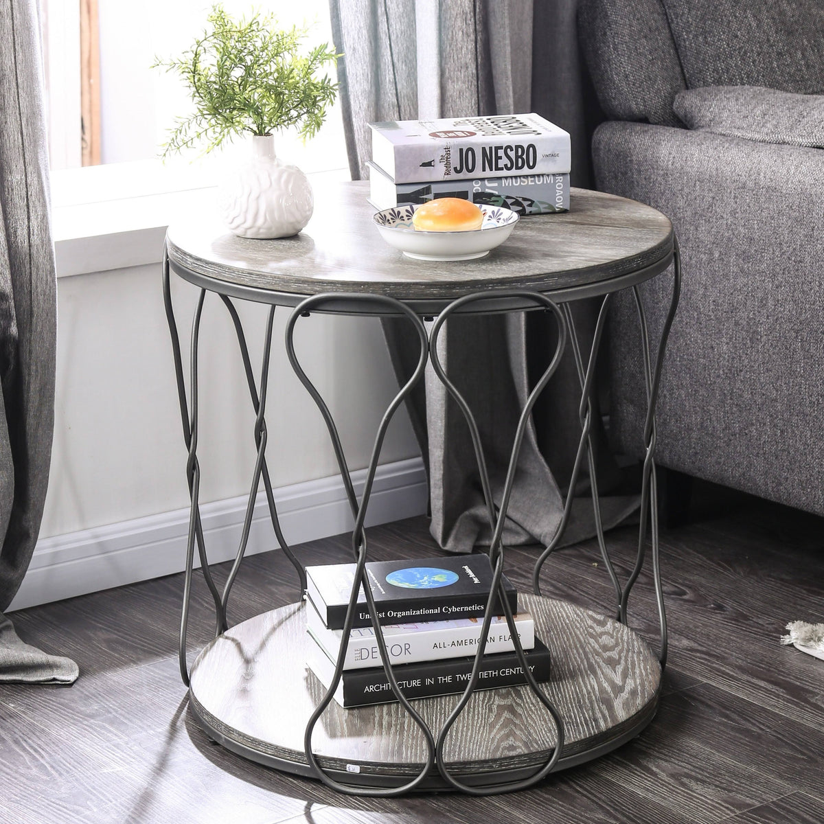 Rustic Grey Metal Round End Table O23593