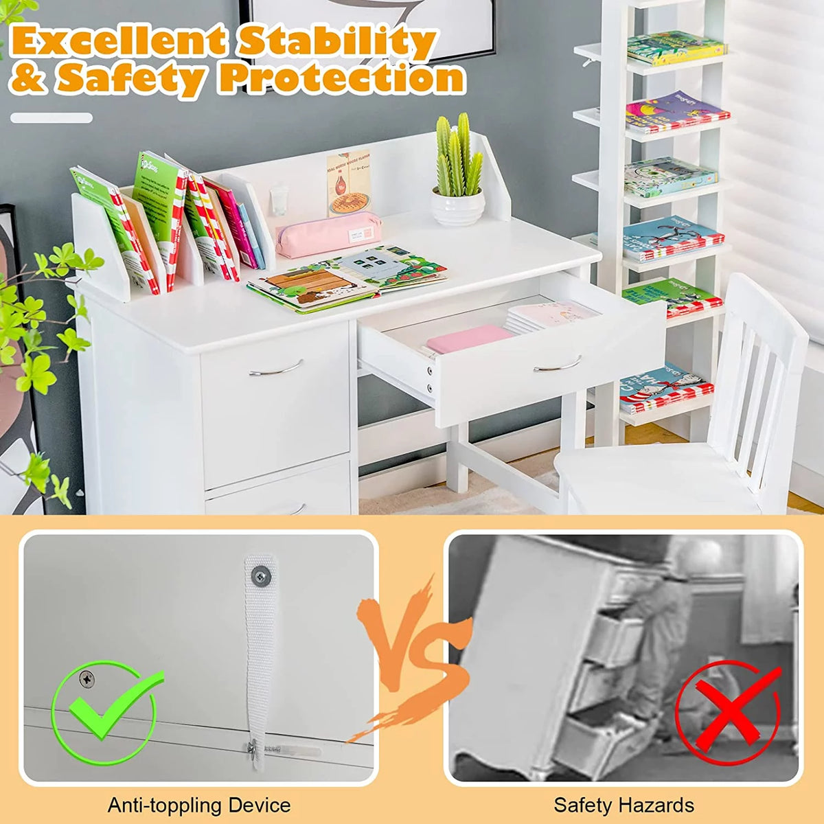 Kids Wooden Desk and Chair Set with Drawer & Storage Cabinets R35075