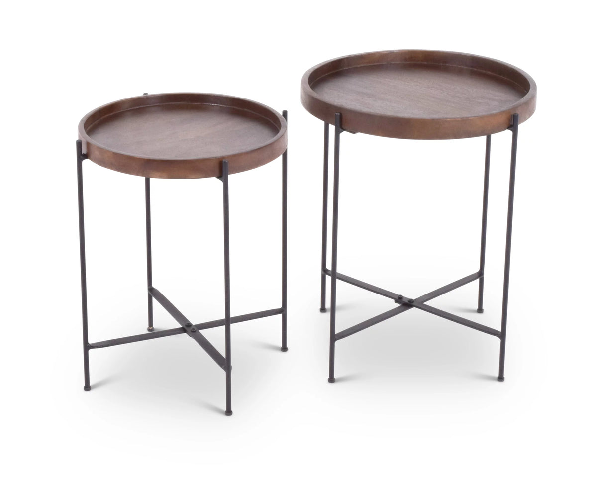 Set of 2 Round Wood Side Tables with Metal Legs V7249