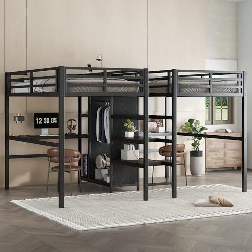 Twin Over Twin Metal Loft Bed with Desk and Wardrobe Z622209