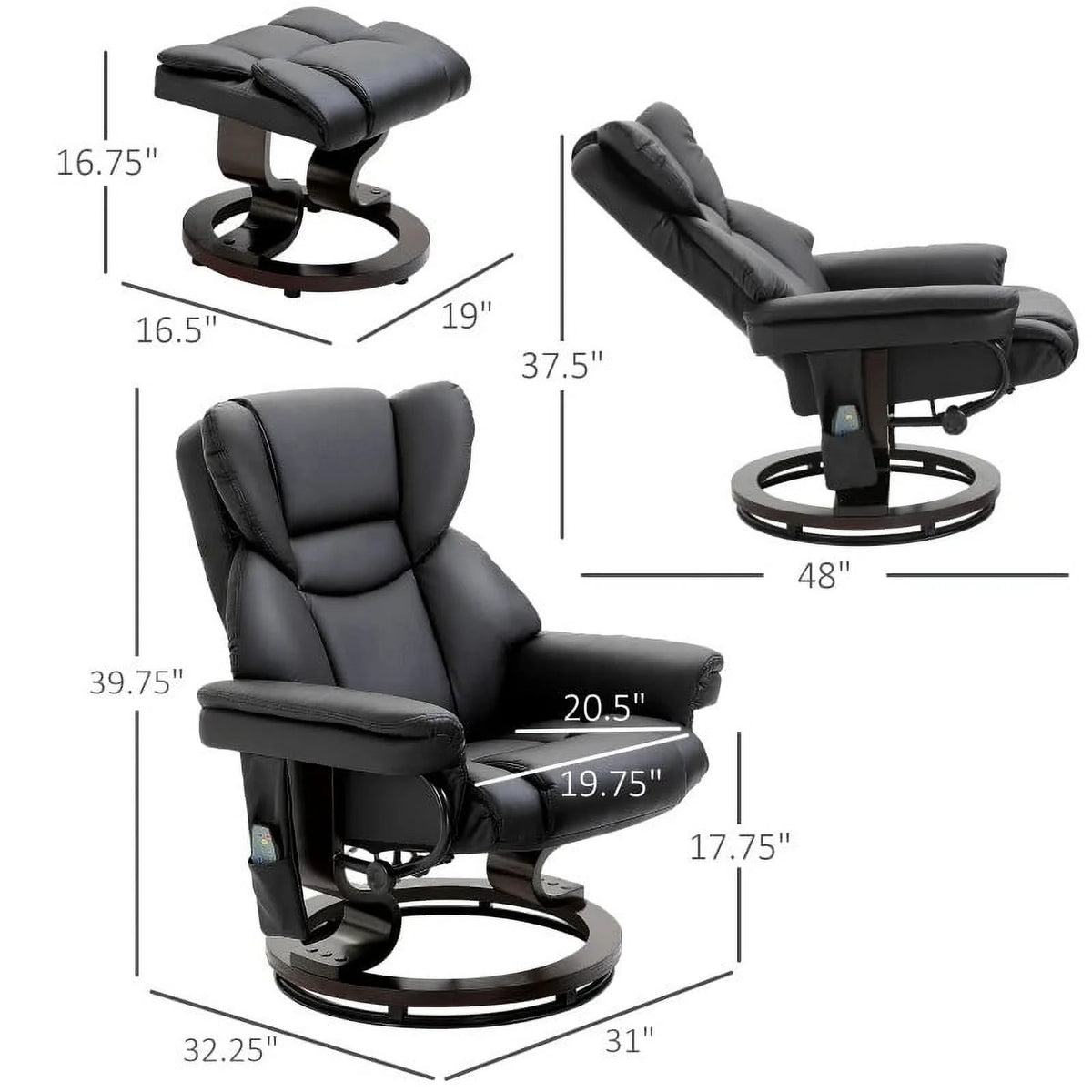 Black Faux Leather Remote Massage Recliner Chair with Ottoman C411692