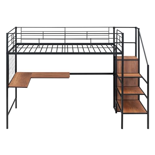Twin Size Black Metal Loft Bed with Wardrobe and L-Shape Desk B6697