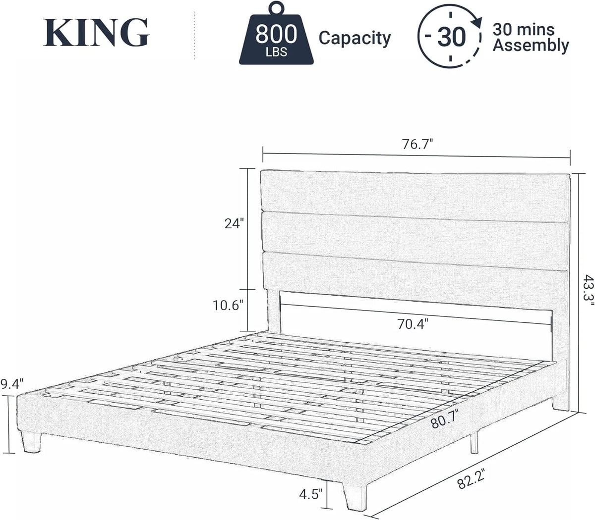 King Fabric Upholstered Platform Bed Frame with Wooden Slats F5910