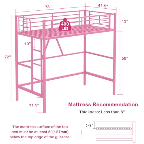 Twin Size Off White Metal Loft Bed with Ladder and Guardrail O5514
