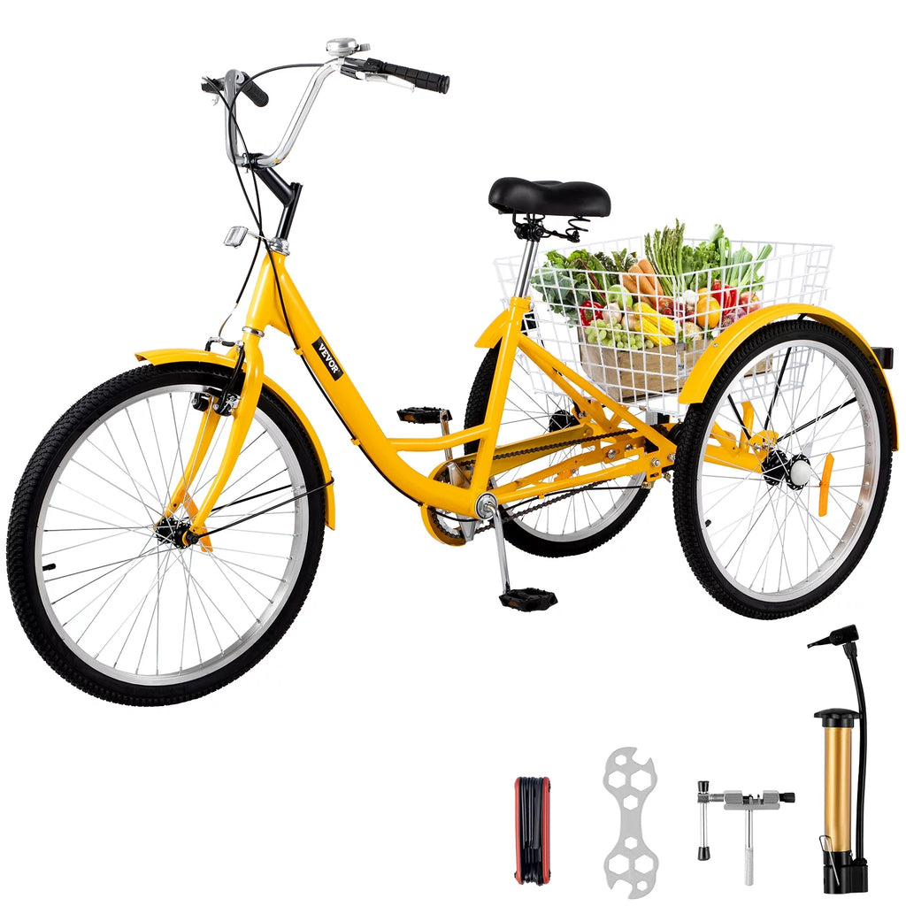 24 inch 1-Speed Yellow Adult Tricycle with Cargo Basket X5315