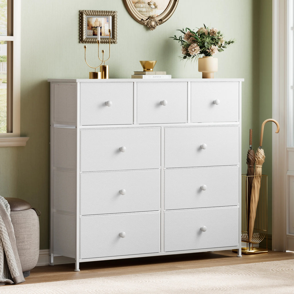 9 Drawer Fabric Dresser with Leather Finish D356