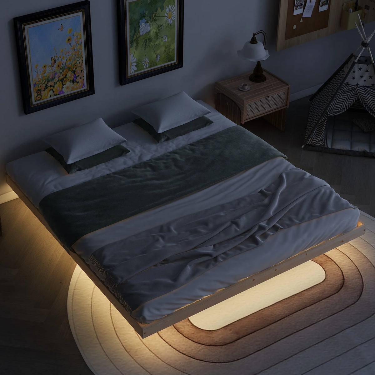 White Full Size Floating Bed Frame with LED Lights L9355