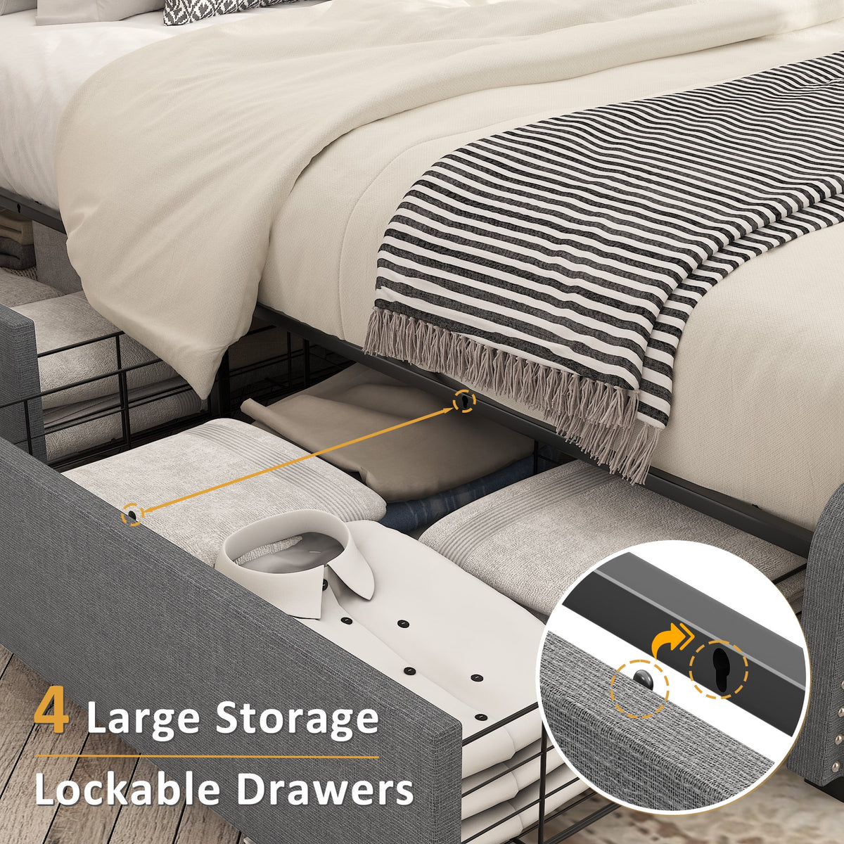 Queen Size Platform Bed Frame with 4 Storage Drawers P8161