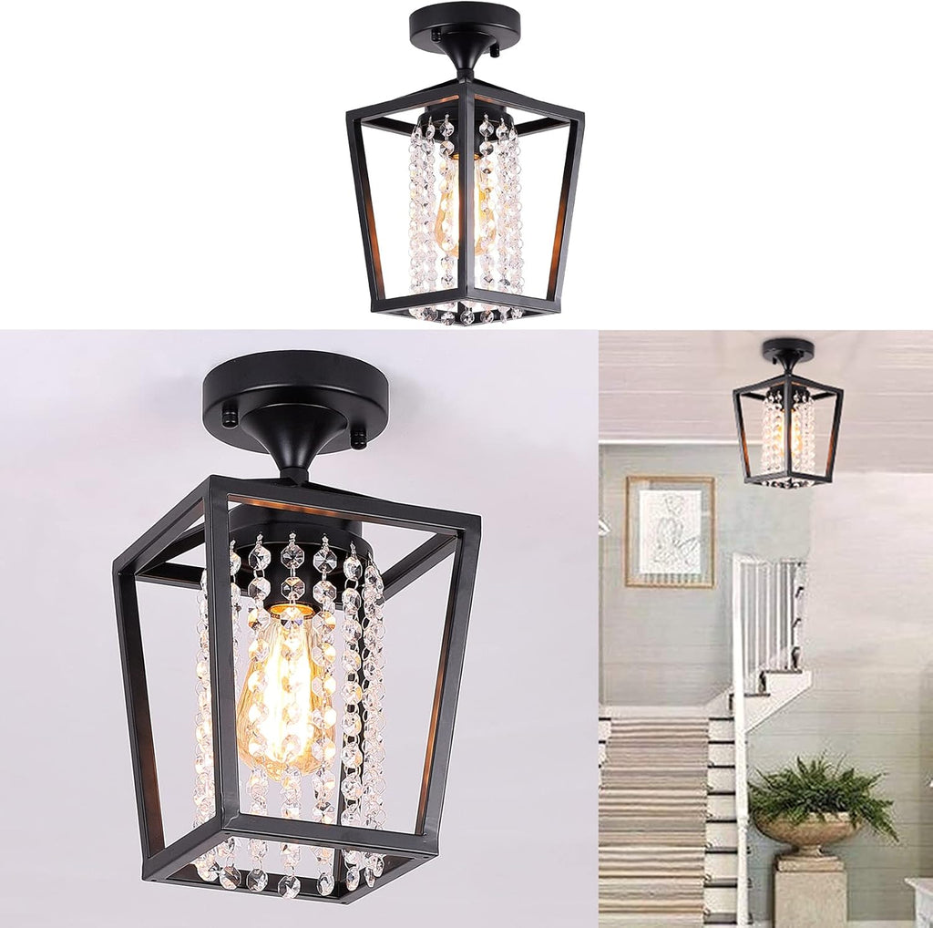 Semi Flush Mount Crystal Ceiling Light Black Metal Cage K32977