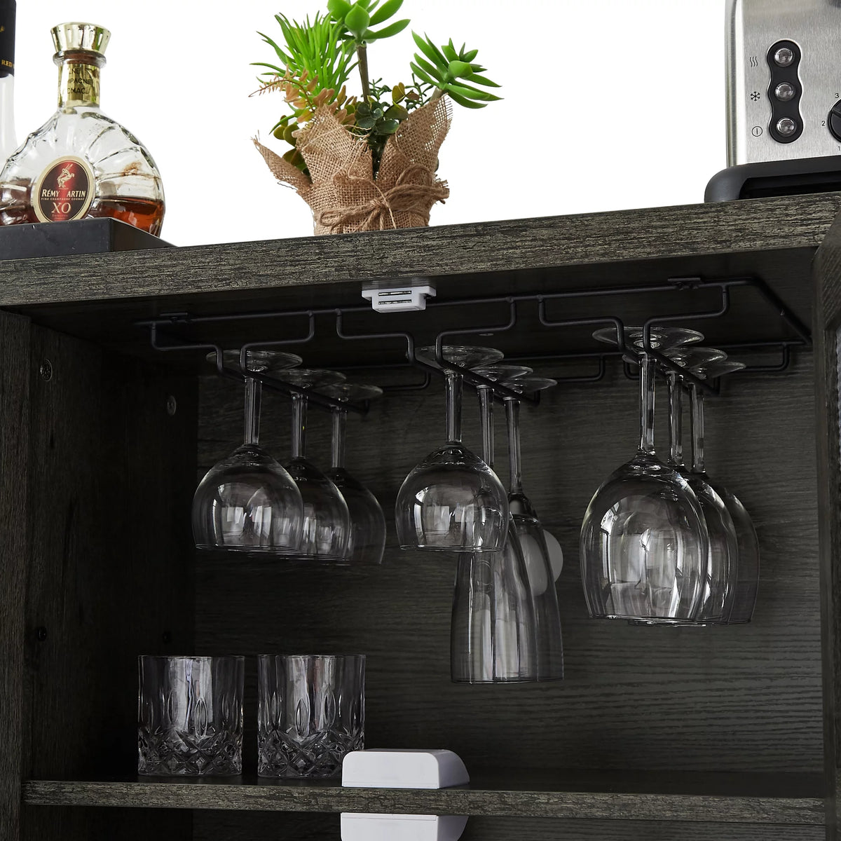 Dark Gray Wood Wine Cabinet with Storage A63783