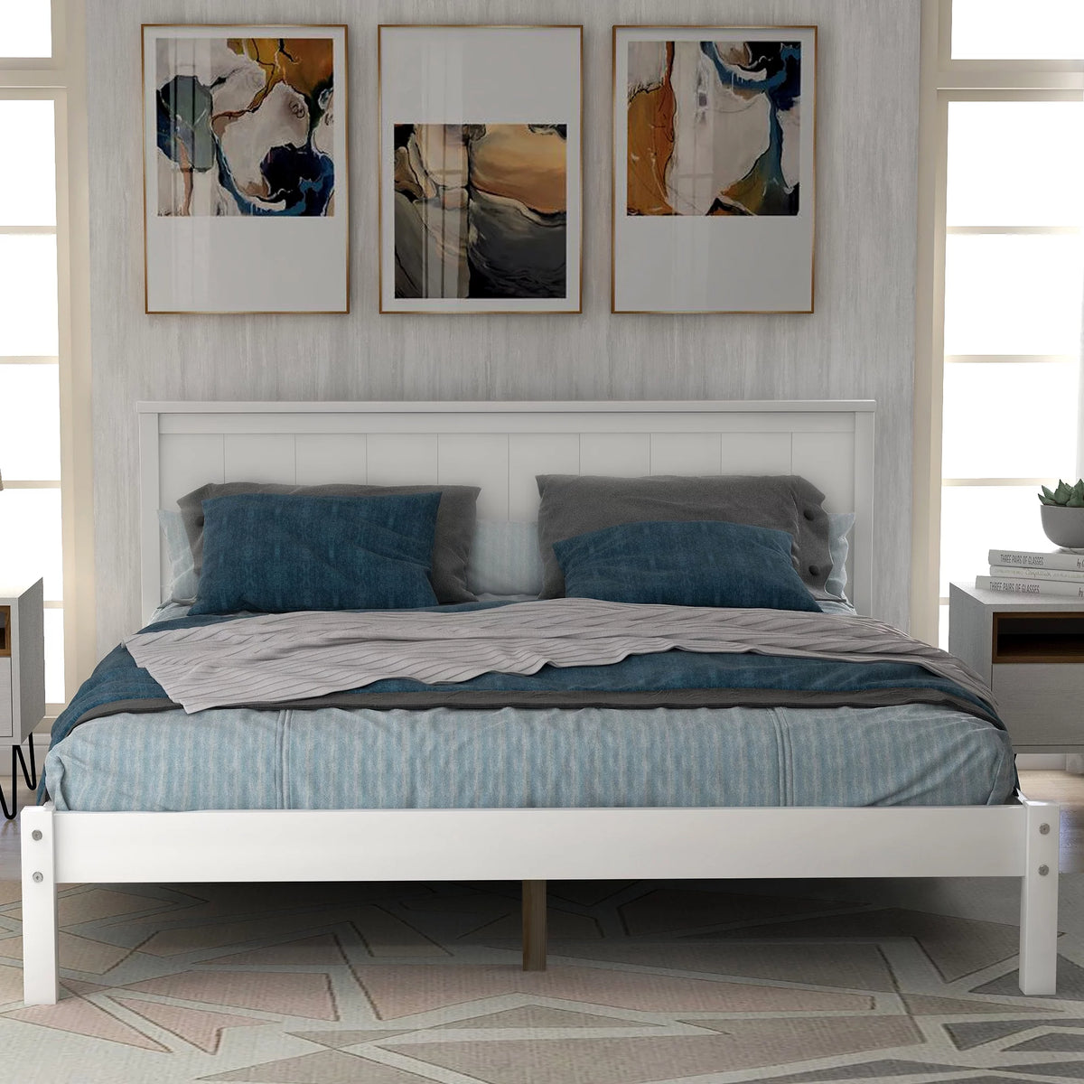 White Full Platform Bed Frame with Headboard T6869