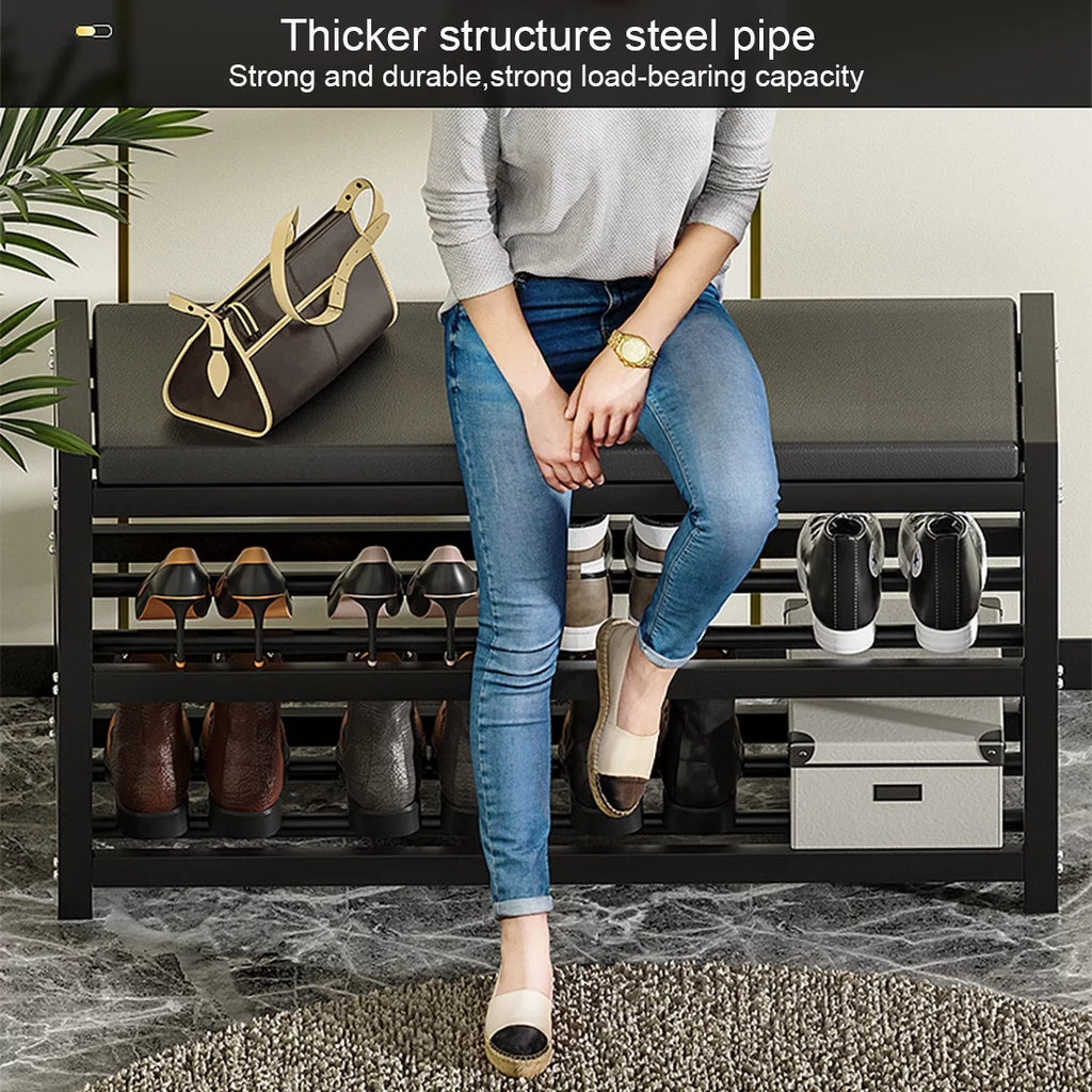 2-Tier Gray Shoe Rack Bench with Vegan Leather Seat B462