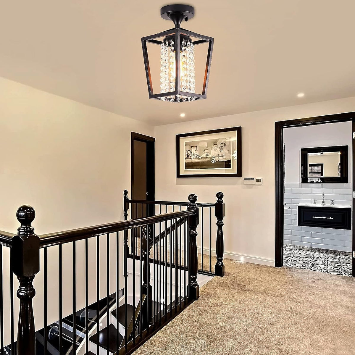 Semi Flush Mount Crystal Ceiling Light Black Metal Cage K32977