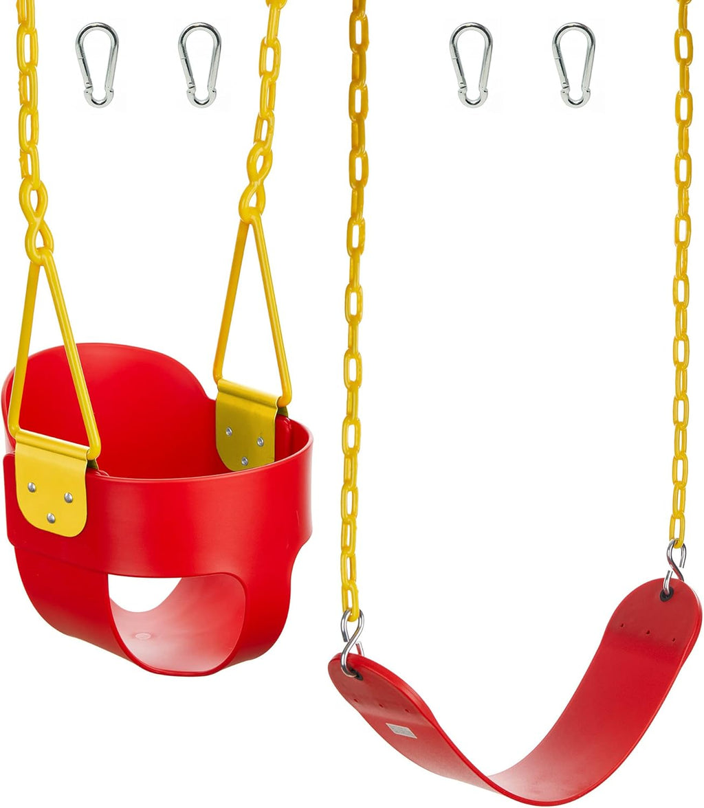 High Back Full Bucket Swing and Heavy-Duty Swing Seat with Carabiners - Red C109855