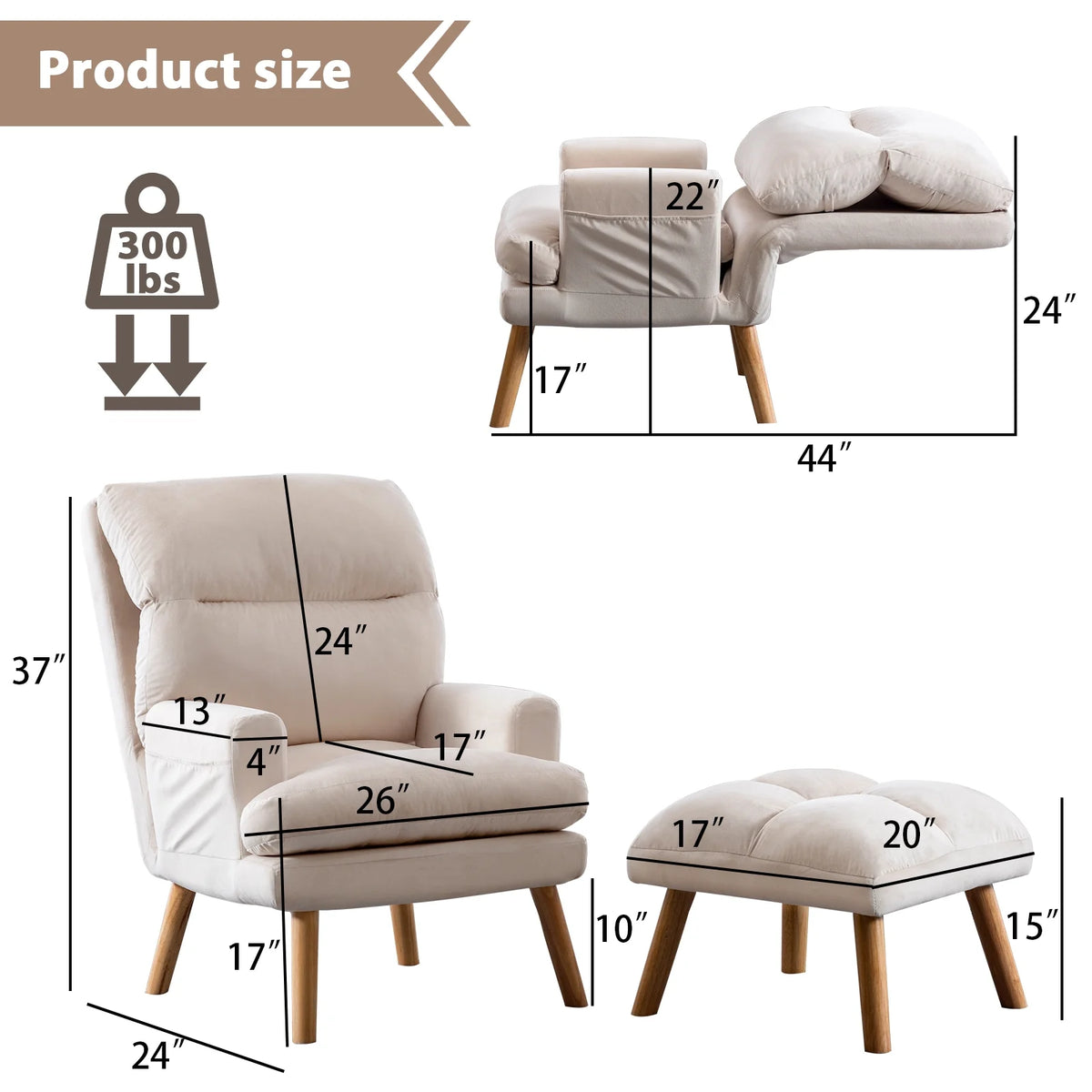 Beige Velvet Accent Chair with Ottoman J478