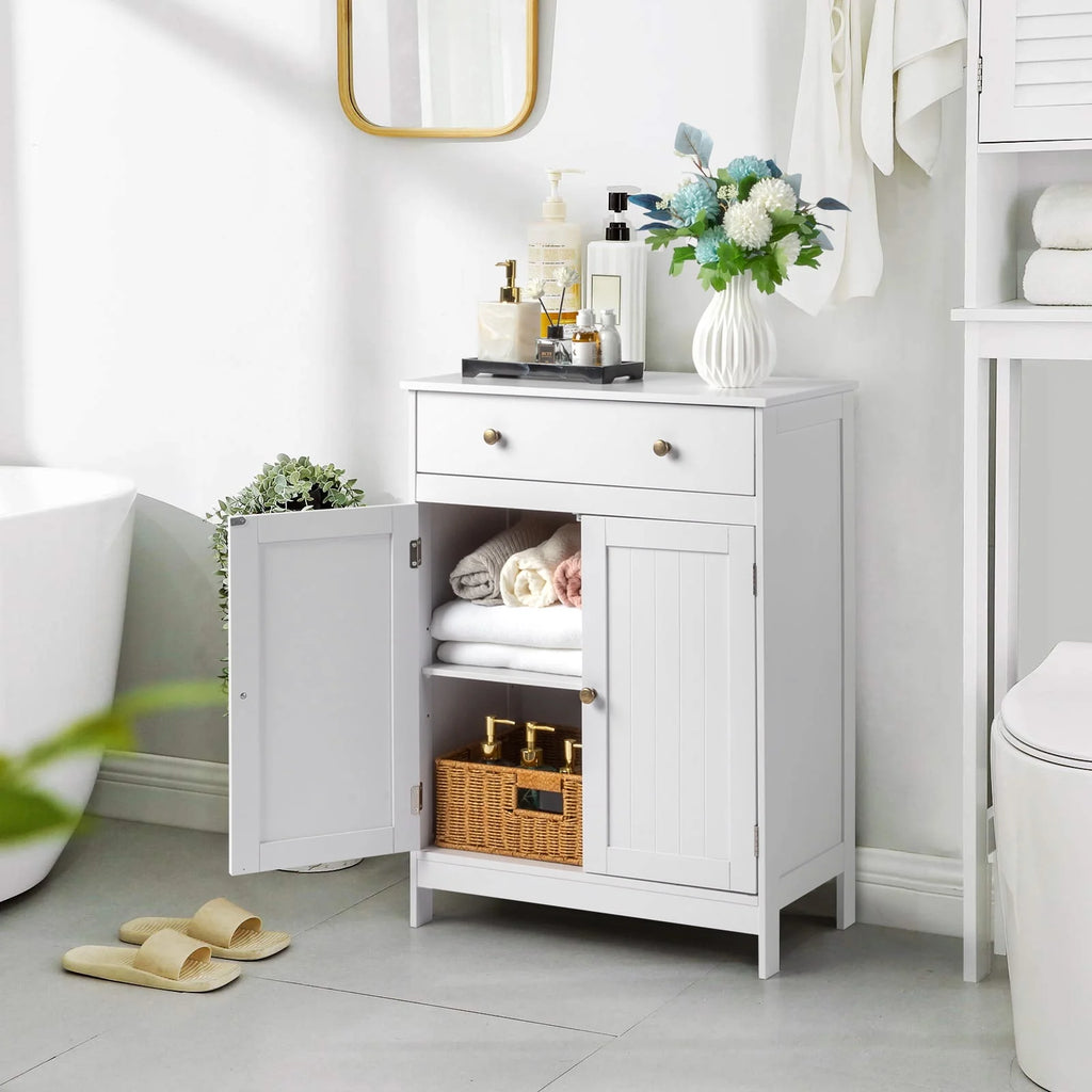 White Wooden 2-Door Bathroom Cabinet with 1 Drawer F3956